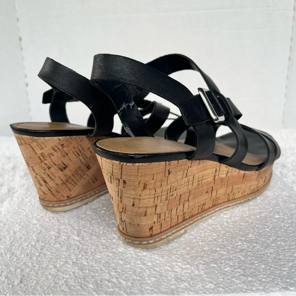 Franco Sarto Women's Leather Black and Tan Cork Strappy Wedge Sandals Size 9M